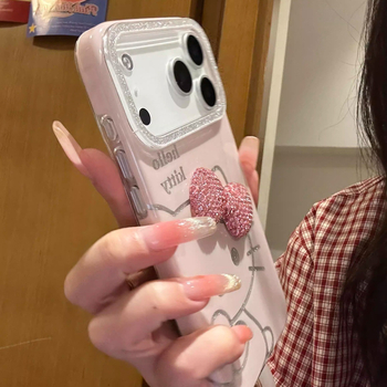 Carcasă lucioasă cu funda de pisică pentru iPhone 17 Pro Max / 16 Pro Max, stil desen animat