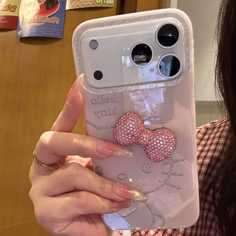 Carcasă lucioasă cu funda de pisică pentru iPhone 17 Pro Max / 16 Pro Max, stil desen animat