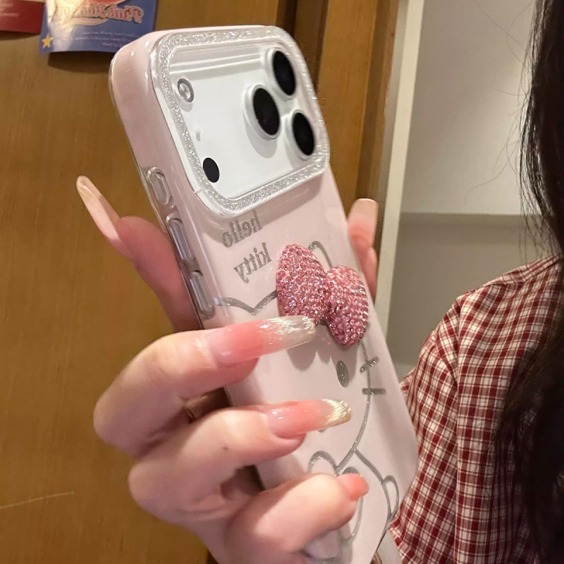 Carcasă lucioasă cu funda de pisică pentru iPhone 17 Pro Max / 16 Pro Max, stil desen animat