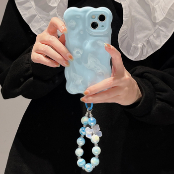 Husa în stil Ins coreean, albastru crem în valuri pentru iPhone 16 Pro Max, cu lanț pentru iPhone 14/15