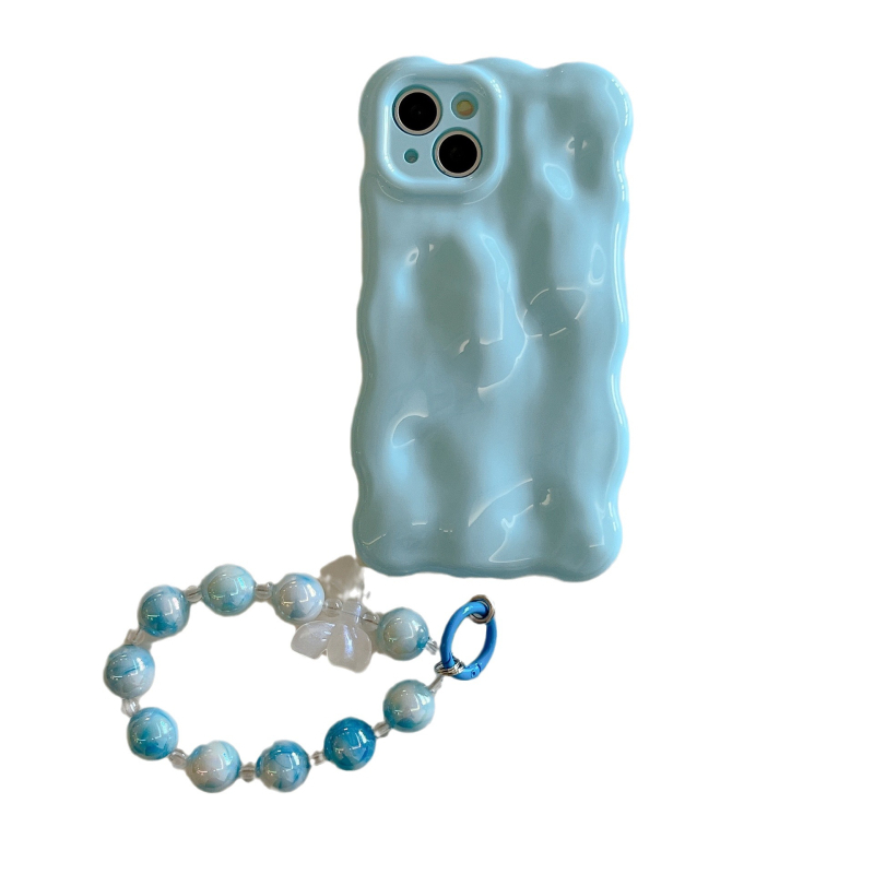 Husa în stil Ins coreean, albastru crem în valuri pentru iPhone 16 Pro Max, cu lanț pentru iPhone 14/15