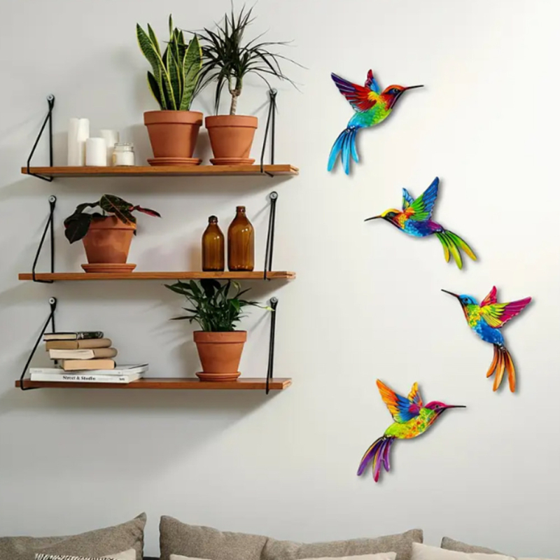 Decor de perete din metal cu patru colibri pentru grădină, curte și balcon