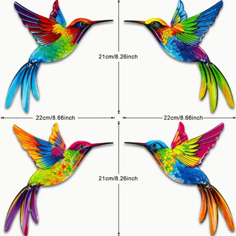 Decor de perete din metal cu patru colibri pentru grădină, curte și balcon