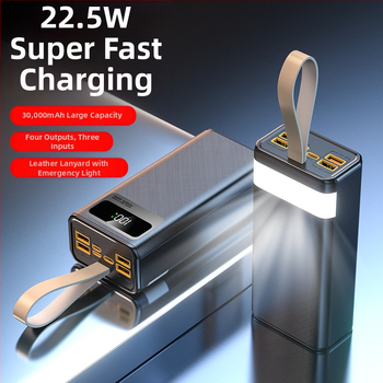 Power bank de 30000 mAh, încărcare rapidă PD 22,5W, cu șnur pentru purtare, încărcare bidirecțională, portabil