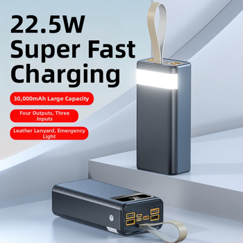 Power bank de 30000 mAh, încărcare rapidă PD 22,5W, cu șnur pentru purtare, încărcare bidirecțională, portabil