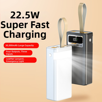 Power bank de 30000 mAh, încărcare rapidă PD 22,5W, cu șnur pentru purtare, încărcare bidirecțională, portabil