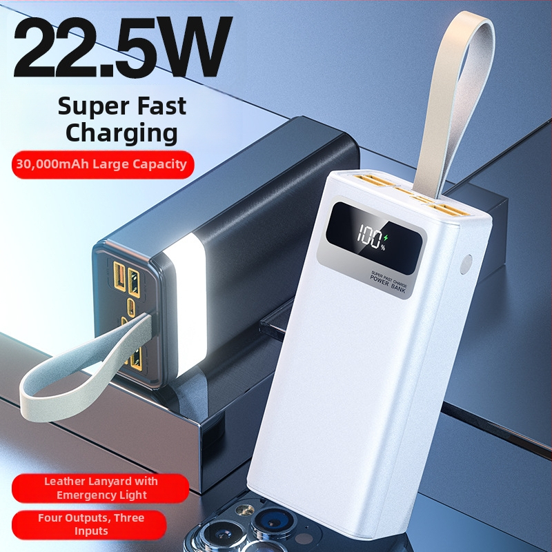 Power bank de 30000 mAh, încărcare rapidă PD 22,5W, cu șnur pentru purtare, încărcare bidirecțională, portabil