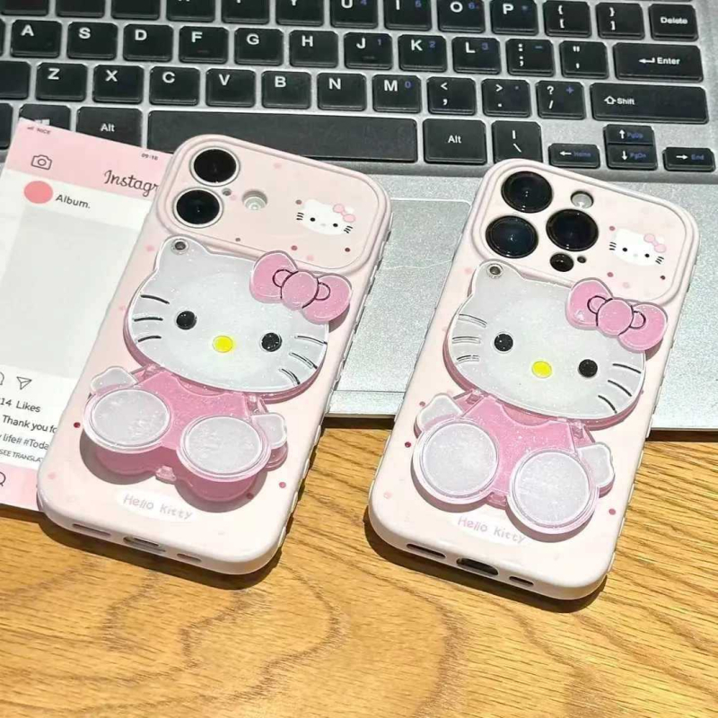Carcasă iPhone în stil INS cu oglindă de pisică, fereastră în formă de inimă și schimbare rapidă