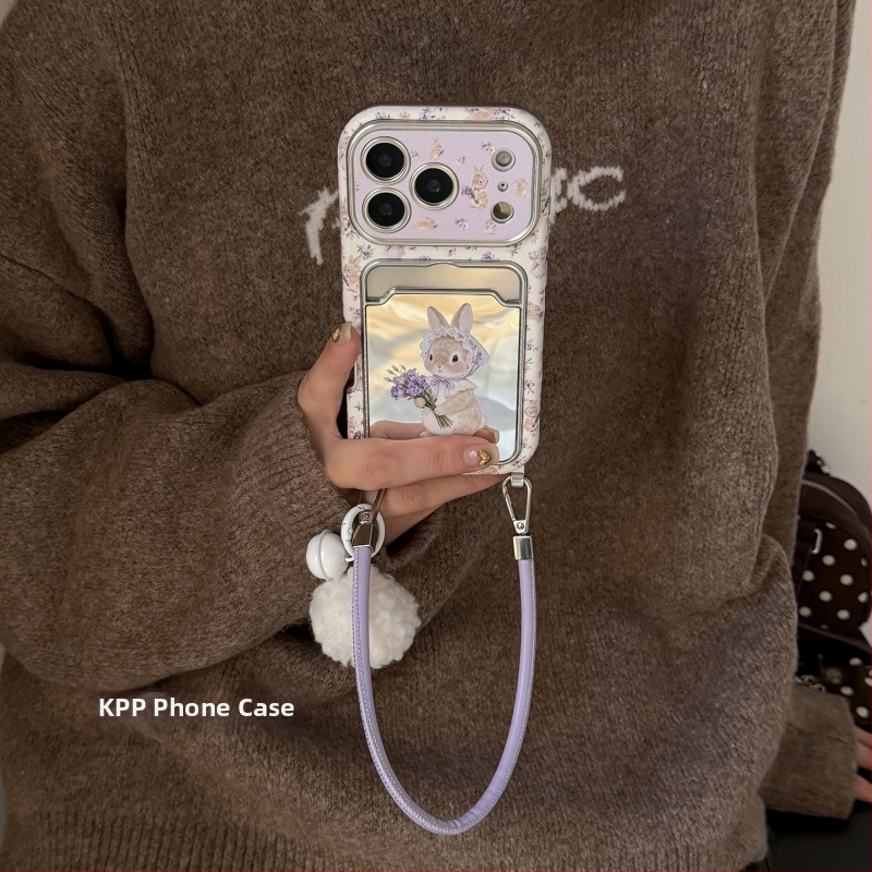 Husa iPhone KPP cu oglindă, floral mov de primăvară, iepuraș mic