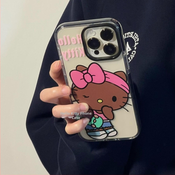 Husa KT Cat pentru telefon, în stil Instagram, din piele neagră, pentru iPhone 14 Pro Max