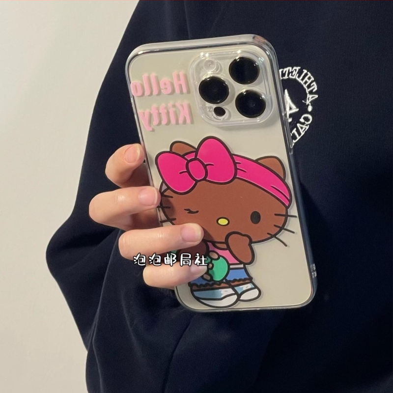 Husa KT Cat pentru telefon, în stil Instagram, din piele neagră, pentru iPhone 14 Pro Max