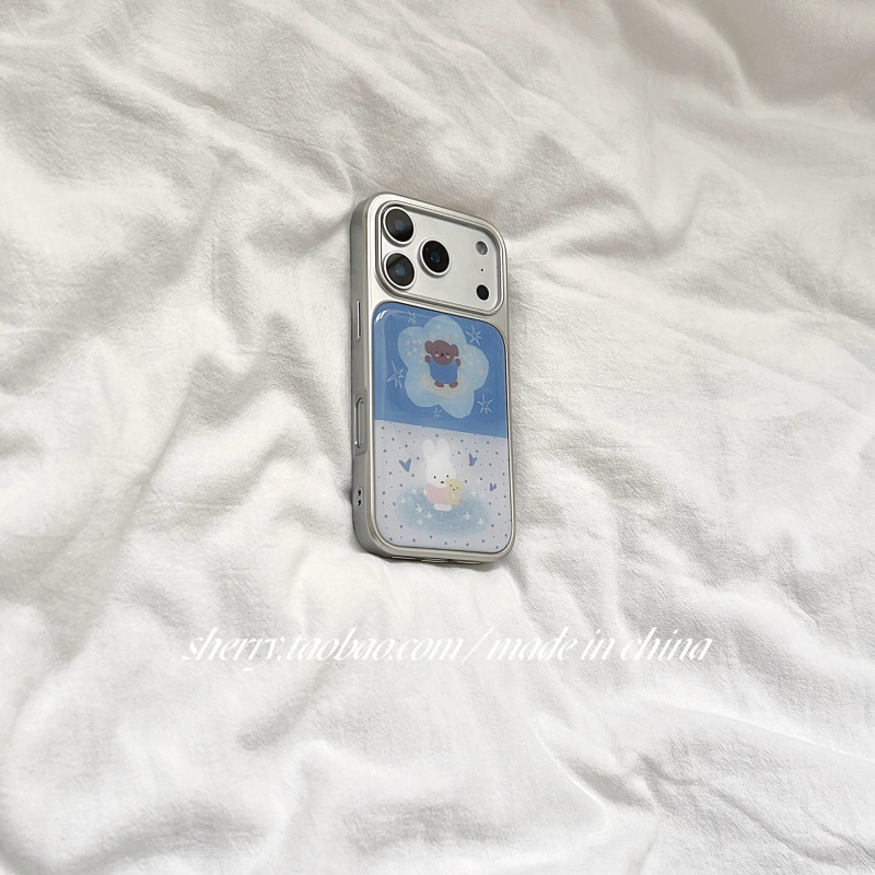 Carcasă pentru iPhone 17 Pro Max cu design ursuleț-iepure, culoare argintie electroplatată