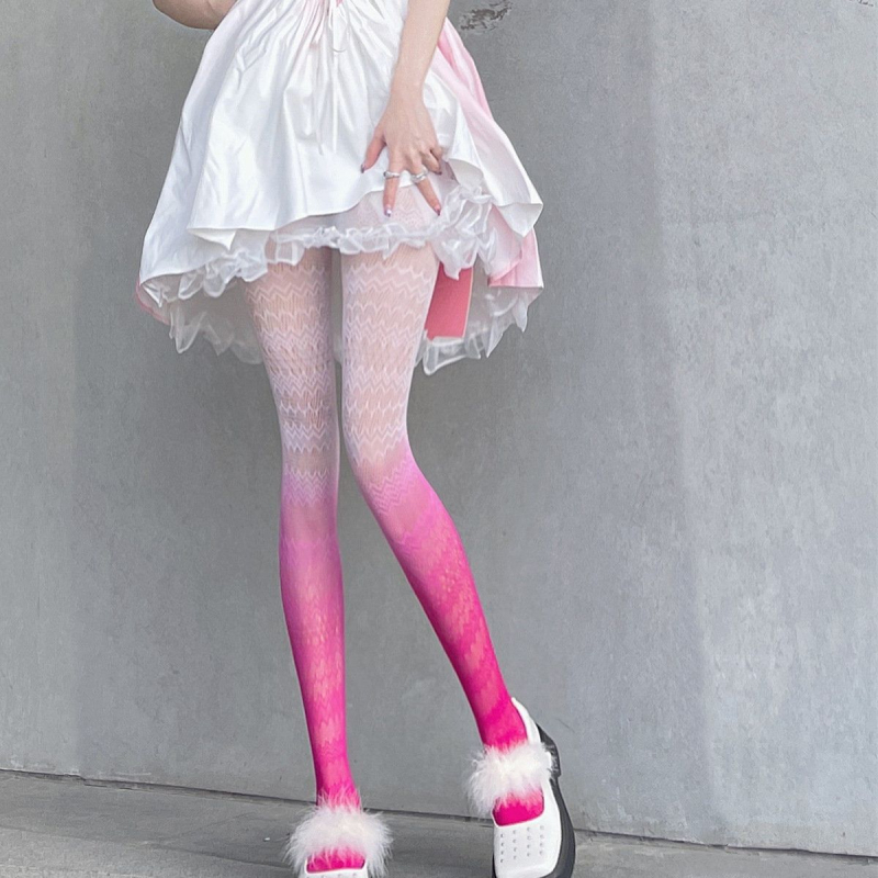 Ciorapi din plasă în gradient cu model jacquard decupat, stil Lolita japonez, culori dulci