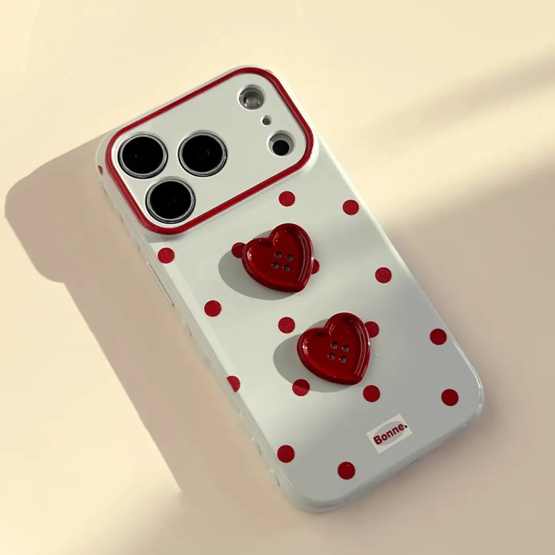 Husă pentru iPhone cu buline roșii 3D în formă de inimă — protecție anti-cadere, carcasă moale, stil Ins, design feminin