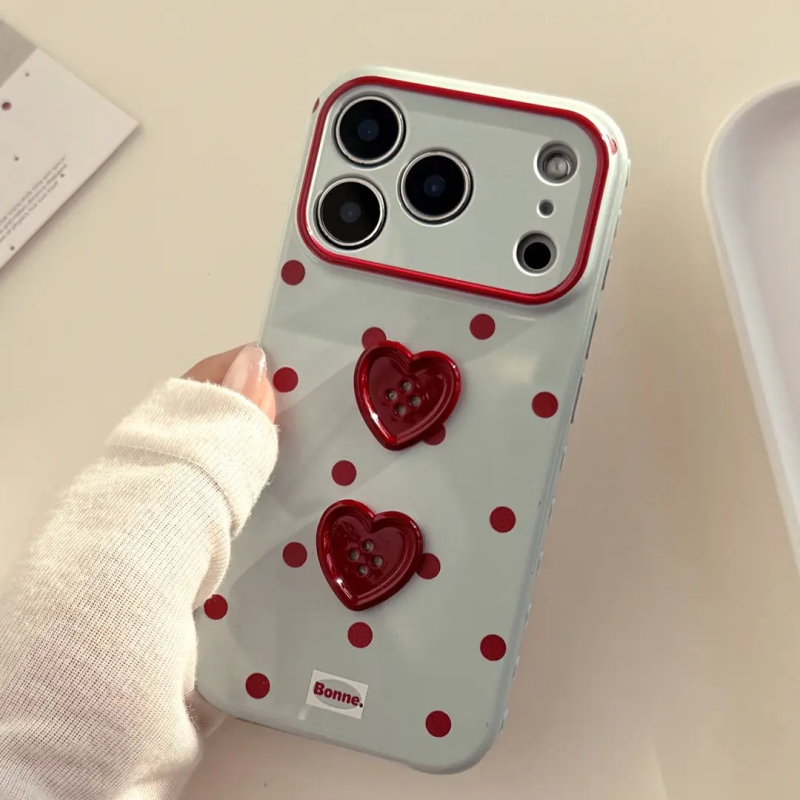 Husă pentru iPhone cu buline roșii 3D în formă de inimă — protecție anti-cadere, carcasă moale, stil Ins, design feminin
