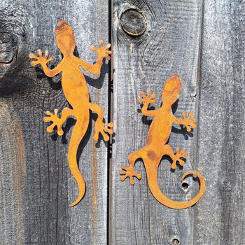 Decor mural metalic în nuanțe ruginii, gecko, sculptură de grădină