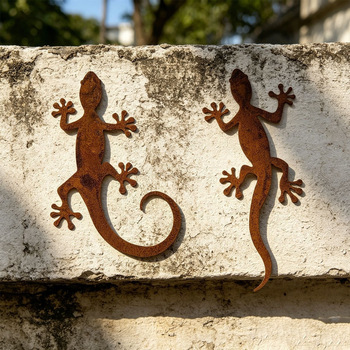 Decor mural metalic în nuanțe ruginii, gecko, sculptură de grădină