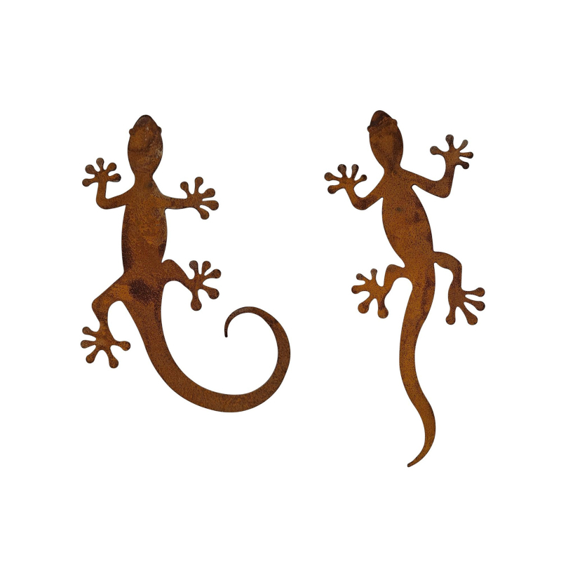 Decor mural metalic în nuanțe ruginii, gecko, sculptură de grădină