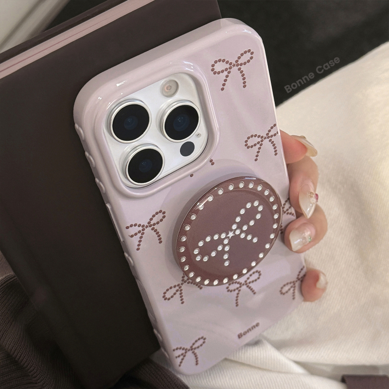 Carcasă TPU în stil Insta pentru iPhone 14 Pro Max, fundă gri-lilac, cu suport placat cu aur