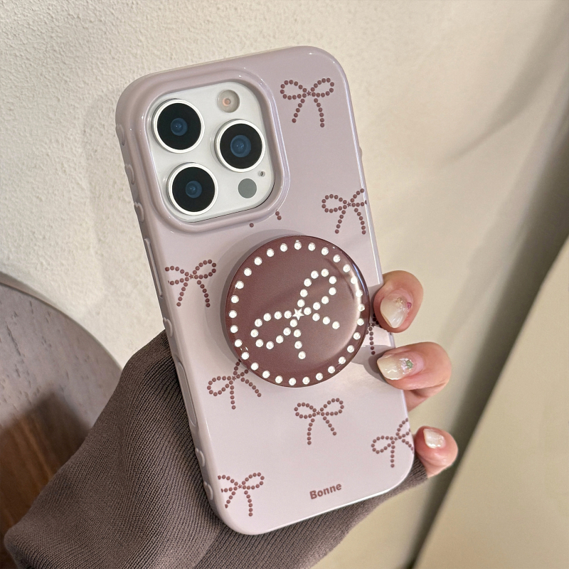 Carcasă TPU în stil Insta pentru iPhone 14 Pro Max, fundă gri-lilac, cu suport placat cu aur