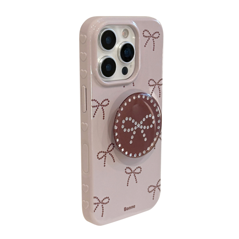 Carcasă TPU în stil Insta pentru iPhone 14 Pro Max, fundă gri-lilac, cu suport placat cu aur