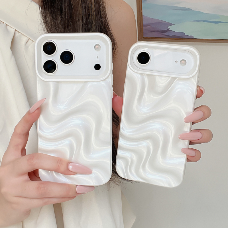 Carcasă TPU alb perlat, 3D minimalistă pentru iPhone 13/14/15/16/17 Pro Max – anti-cadere