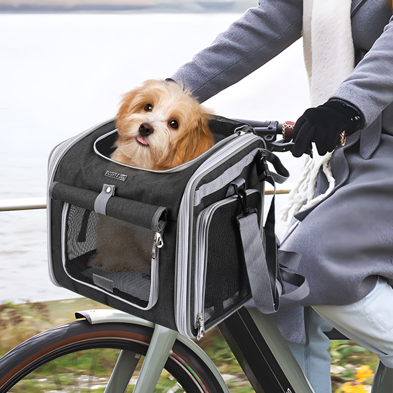 Geantă de transport pentru câine pe cadrul bicicletei, capacitate mare, coș extensibil pentru bicicletă, aprobată pentru zbor cu animale de companie