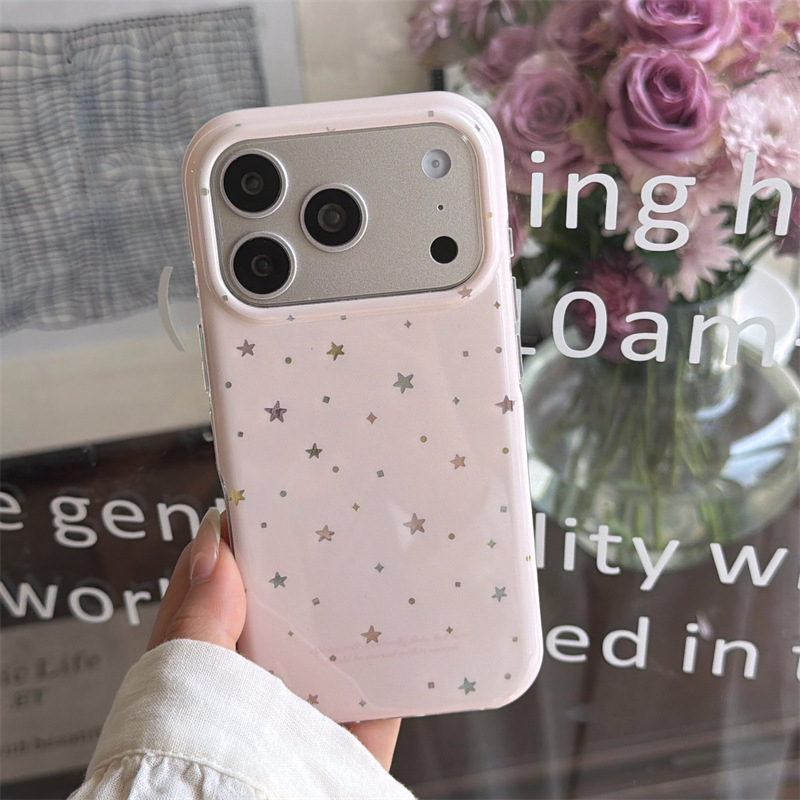 Husă roz în stil coreean, cu dublu strat, rigidă, cu stele colorate pentru seria iPhone 13–17