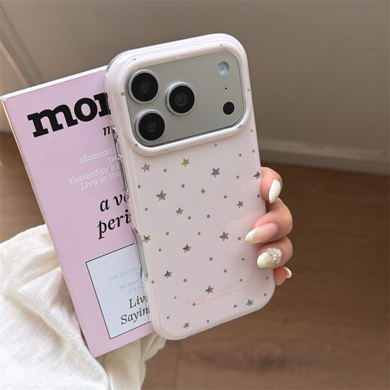 Husă roz în stil coreean, cu dublu strat, rigidă, cu stele colorate pentru seria iPhone 13–17