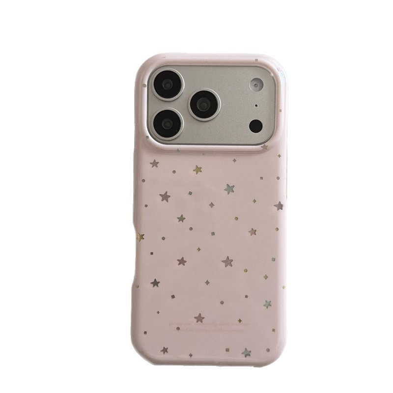 Husă roz în stil coreean, cu dublu strat, rigidă, cu stele colorate pentru seria iPhone 13–17