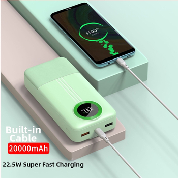 Power bank cu cablu încorporat, 20.000 mAh, capacitate mare, încărcare rapidă, afișaj digital al nivelului bateriei.
