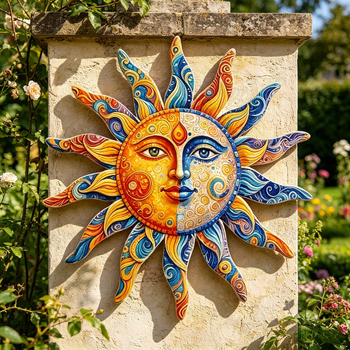 Decor de perete din metal colorat, 2D, în formă de soare, potrivit pentru curte, grădină, spații interioare și exterioare