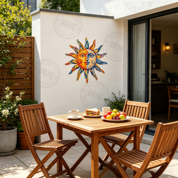 Decor de perete din metal colorat, 2D, în formă de soare, potrivit pentru curte, grădină, spații interioare și exterioare