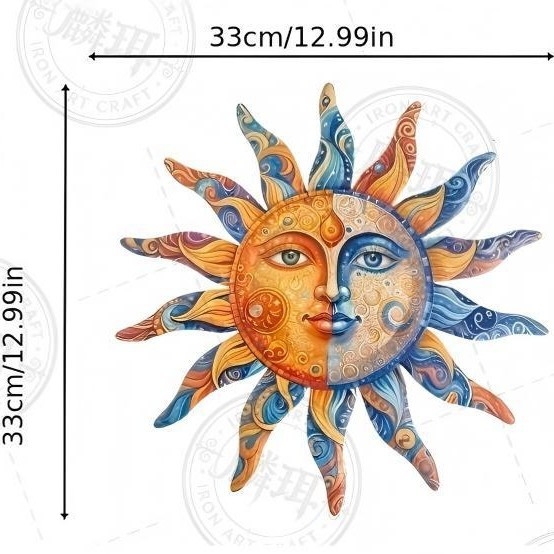 Decor de perete din metal colorat, 2D, în formă de soare, potrivit pentru curte, grădină, spații interioare și exterioare