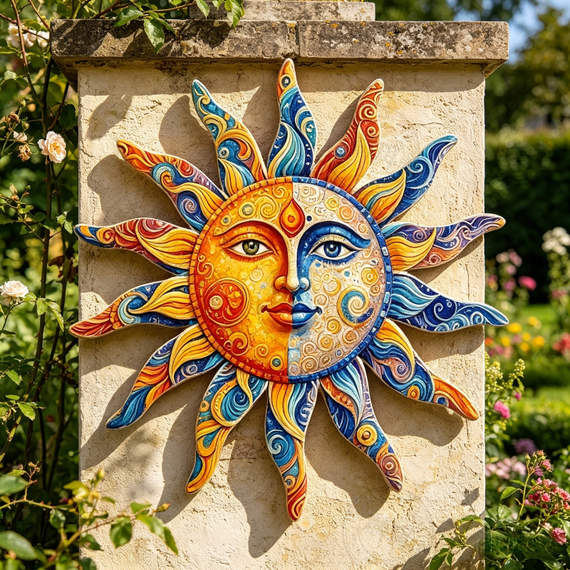 Decor de perete din metal colorat, 2D, în formă de soare, potrivit pentru curte, grădină, spații interioare și exterioare