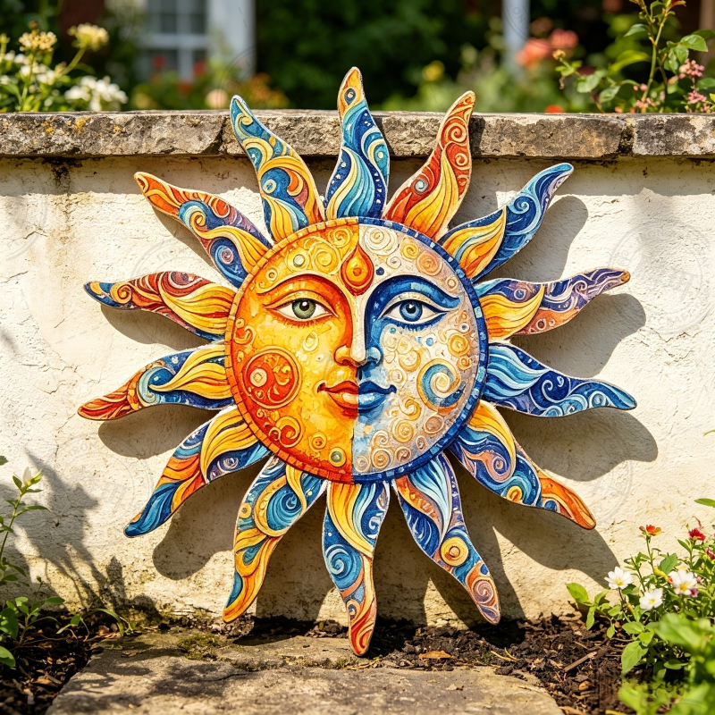 Decor de perete din metal colorat, 2D, în formă de soare, potrivit pentru curte, grădină, spații interioare și exterioare