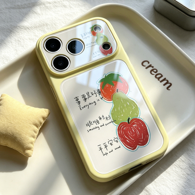 Husă silicon Crayon Fruit pentru iPhone 17 Pro Max, cu fereastra mare de vizualizare și finisaj similar sticlei, galben crem
