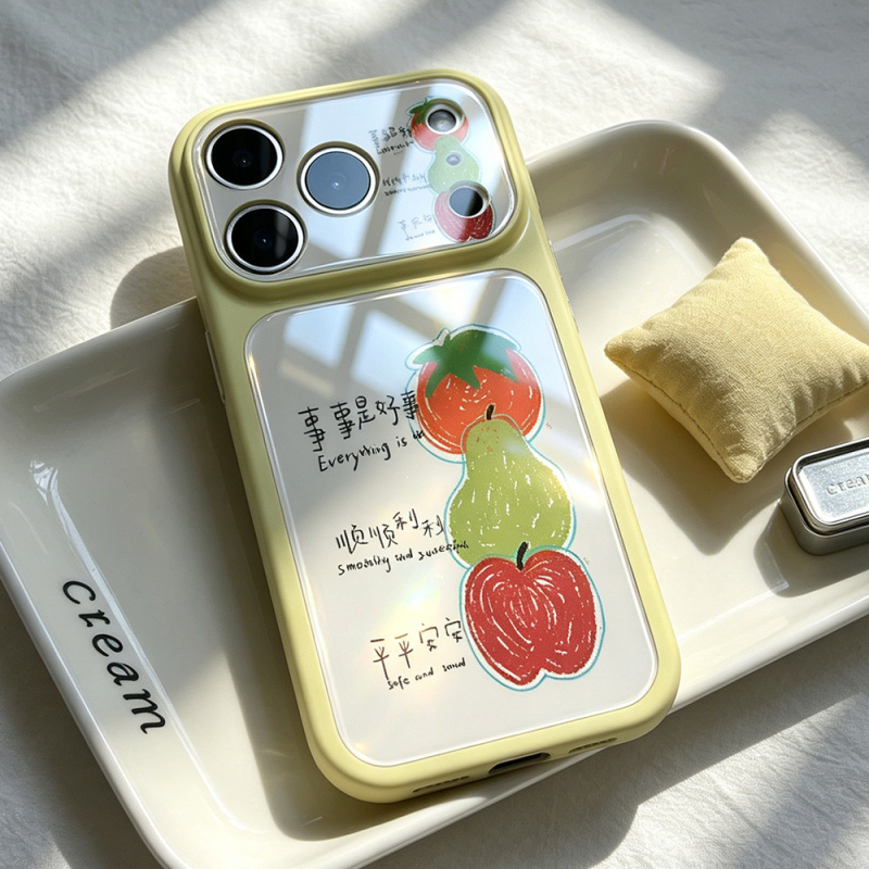 Husă silicon Crayon Fruit pentru iPhone 17 Pro Max, cu fereastra mare de vizualizare și finisaj similar sticlei, galben crem