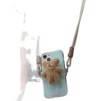 Carcasă pentru telefon cu ursuleț desen animat, lanț lung pentru gât, clips pe spate, curea împletită maro