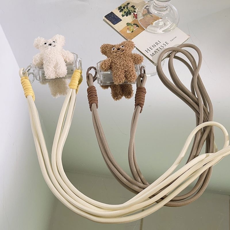 Carcasă pentru telefon cu ursuleț desen animat, lanț lung pentru gât, clips pe spate, curea împletită maro