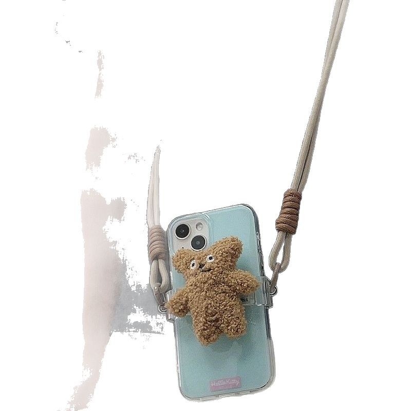 Carcasă pentru telefon cu ursuleț desen animat, lanț lung pentru gât, clips pe spate, curea împletită maro