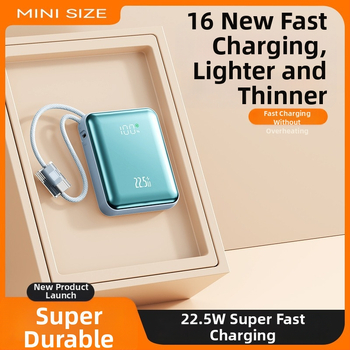 Power Bank mini de 10000mAh, cablu împletit încorporat, încărcare rapidă PD 2.0