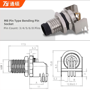 Conector aerian M8 cu placă sudată, pini îndoiți, priză cu flanșă, etanș la apă, împământare