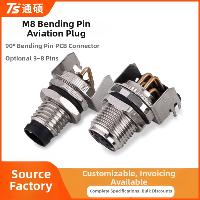 Conector aerian M8 cu placă sudată, pini îndoiți, priză cu flanșă, etanș la apă, împământare