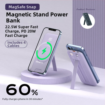 Power bank MagSafe cu încărcare wireless, magnetic, 20000 mAh, cu suport încorporat pentru patru cabluri