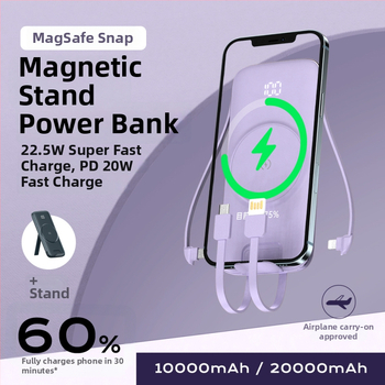 Power bank MagSafe cu încărcare wireless, magnetic, 20000 mAh, cu suport încorporat pentru patru cabluri