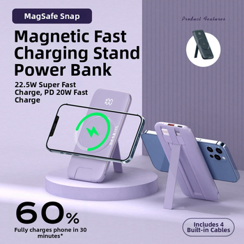 Power bank MagSafe cu încărcare wireless, magnetic, 20000 mAh, cu suport încorporat pentru patru cabluri