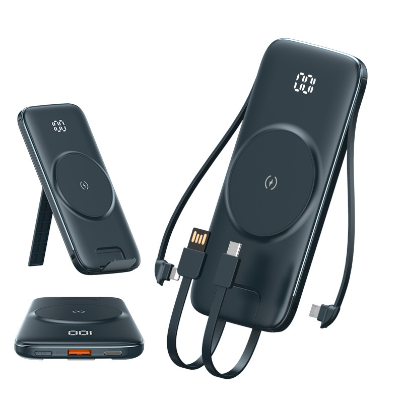 Power bank MagSafe cu încărcare wireless, magnetic, 20000 mAh, cu suport încorporat pentru patru cabluri