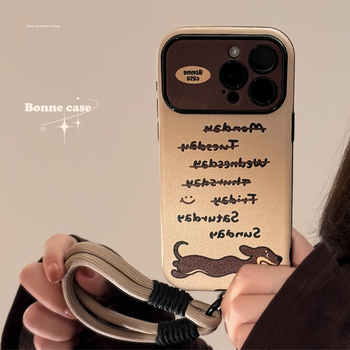 Husă din piele în stil Instagram pentru iPhone 14, 15 și 16 Pro Max, cu dachshund — modernă și personalizabilă