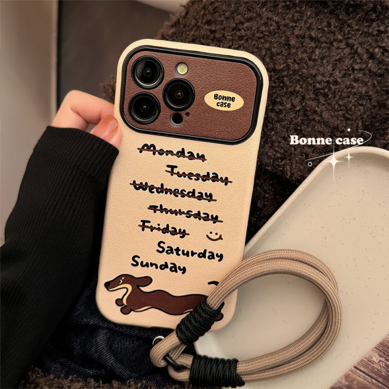 Husă din piele în stil Instagram pentru iPhone 14, 15 și 16 Pro Max, cu dachshund — modernă și personalizabilă